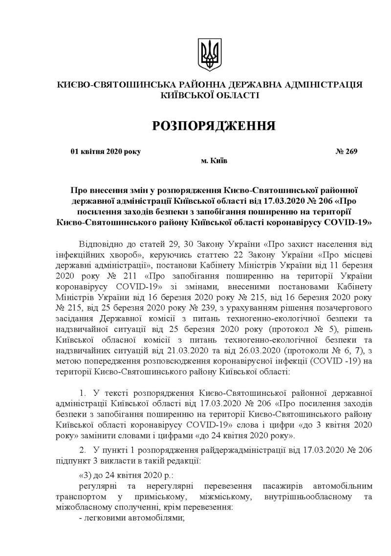 Києво-Святошинська РДА РОЗПОРЯДЖЕННЯ від 01.04.2020 р. № 269 Про внесення змін у розпорядження Києво-Святошинської районної державної адміністрації Київської області від 17.03.2020 № 206 «Про посилення заходів безпеки з запобігання поширенню на території  Києво-Святошинського району Київської області коронавірусу COVID-19»