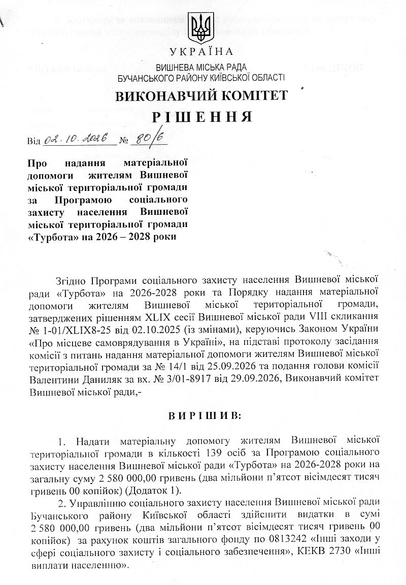 Рішення № 80/6 від 02.10.2026 р. Про надання матеріальної допомоги жителям Вишневої міської територіальної громади за Програмою соціального захисту населення Вишневої міської територіальної громади «Турбота» на 2026 - 2028 роки