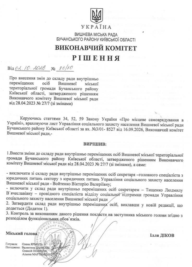 Рішення № 80/10 від 02.10.2026 р. Про внесення змін до складу ради внутрішньо переміщених осіб Вишневої міської територіальної громади Бучанського району Київської області, затвердженого рішенням Виконавчого комітету Вишневої міської ради від 28.04.2023 № 27/7 (зі змінами)