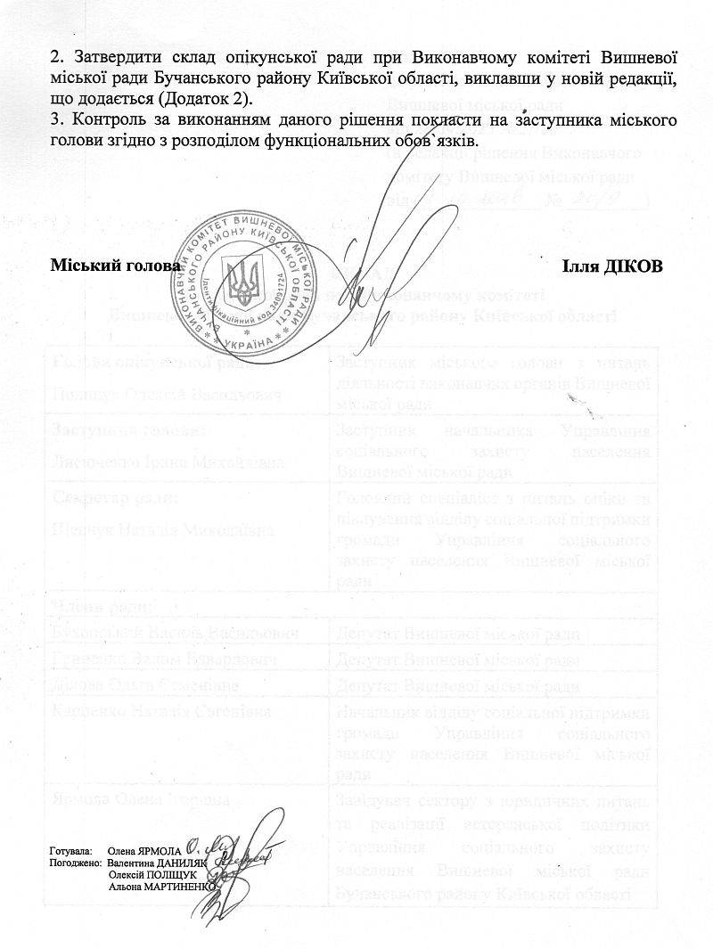 Рішення № 80/9 від 02.10.2026 р. Про внесення змін до Додатку 2 рішення Виконавчого комітету Вишневої міської ради від 28.04.2023 № 27/10 «Про затвердження Положення про опікунську раду при Виконавчому комітеті Вишневої міської ради Бучанського району Київської області та складу опікунської ради при Виконавчому комітеті Вишневої міської ради Бучанського району Київської області» (зі змінами)