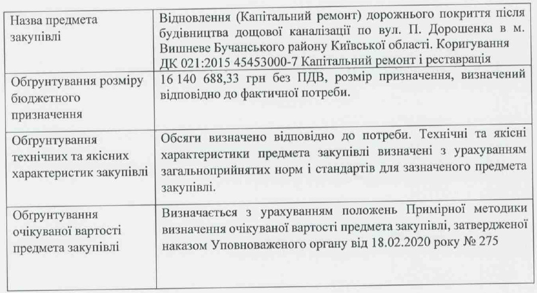 ОБГРУНТУВАННЯ ТЕХНІЧНИХ ТА ЯКІСНИХ ХАРАКТЕРИСТИК ПРЕДМЕТА ЗАКУПІВЛІ, РОЗМІРУ БЮДЖЕТНОГО ПРИЗНАЧЕННЯ ТА/АБО ОЧІКУВАНОЇ ВАРТОСТІ ПРЕДМЕТА ЗАКУПІВЛІ.             На виконання Постанови Кабінету Міністрів України від 1 серпня 2013 р. № 631«Про затвердження Порядку проведення перевірок закупівель Державною аудиторською службою, її міжрегіональними територіальними органами» та Постанови Кабінету Міністрів України від 11 жовтня 2016 р. № 710 «Про ефективне використання коштів» надається обґрунтування технічних та якісних характеристик предмета закупівлі, розміру бюджетного призначення, очікуваної вартості предмета закупівлі.
