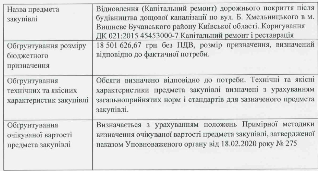ОБГРУНТУВАННЯ ТЕХНІЧНИХ ТА ЯКІСНИХ ХАРАКТЕРИСТИК ПРЕДМЕТА ЗАКУПІВЛІ, РОЗМІРУ БЮДЖЕТНОГО ПРИЗНАЧЕННЯ ТА/АБО ОЧІКУВАНОЇ ВАРТОСТІ ПРЕДМЕТА ЗАКУПІВЛІ УКГ