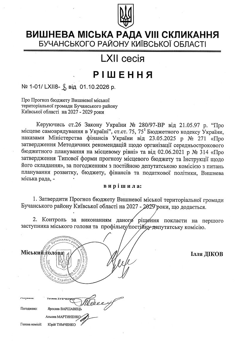 Про Прогноз бюджету Вишневої міської територіальної громади Бучанського району Київської області на 2027 - 2029 роки