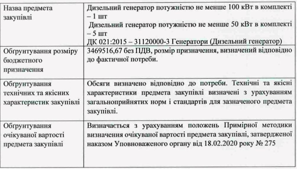 ОБГРУНТУВАННЯ ТЕХНІЧНИХ ТА ЯКІСНИХ ХАРАКТЕРИСТИК ПРЕДМЕТА ЗАКУПІВЛІ, РОЗМІРУ БЮДЖЕТНОГО ПРИЗНАЧЕННЯ ТА/АБО ОЧІКУВАНОЇ ВАРТОСТІ ПРЕДМЕТА ЗАКУПІВЛІ. На виконання Постанови Кабінету Міністрів України від 1 серпня 2013 р. № 631«Про затвердження Порядку проведення перевірок закупівель Державною аудиторською службою, її міжрегіональними територіальними органами» та Постанови Кабінету Міністрів України від 11 жовтня 2016 р. № 710 «Про ефективне використання коштів» надається обґрунтування технічних та якісних характеристик предмета закупівлі, розміру бюджетного призначення, очікуваної вартості предмета закупівлі.