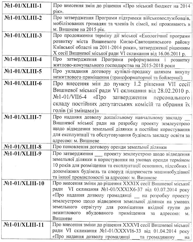 ПЕРЕЛІК РІШЕНЬ ВИШНЕВОЇ МІСЬКОЇ РАДИ VI СКЛИКАННЯ, ПРИЙНЯТИХ НА ПЛЕНАРНОМУ ЗАСІДАННІ ХLIII СЕСІЇ VI СКЛИКАННЯ 16.12.2014 РОКУ