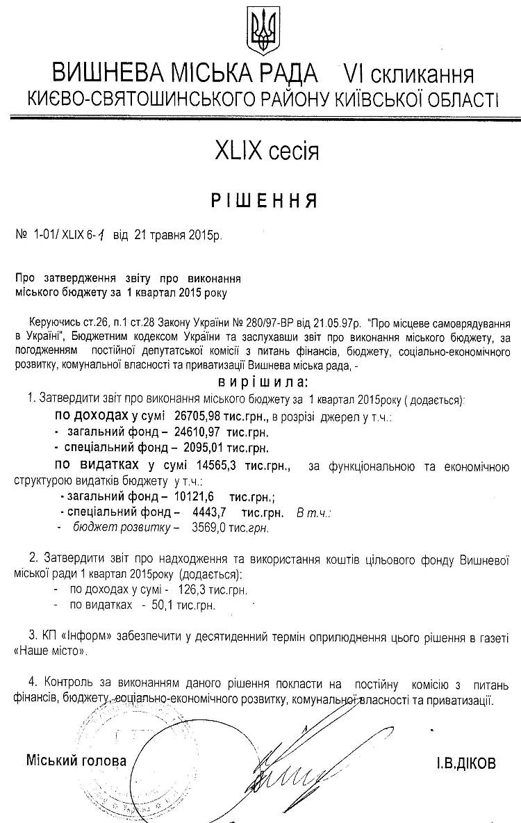РІШЕННЯ XLIX СЕСІЇ VI СКЛИКАННЯ від 21.05.2015 року