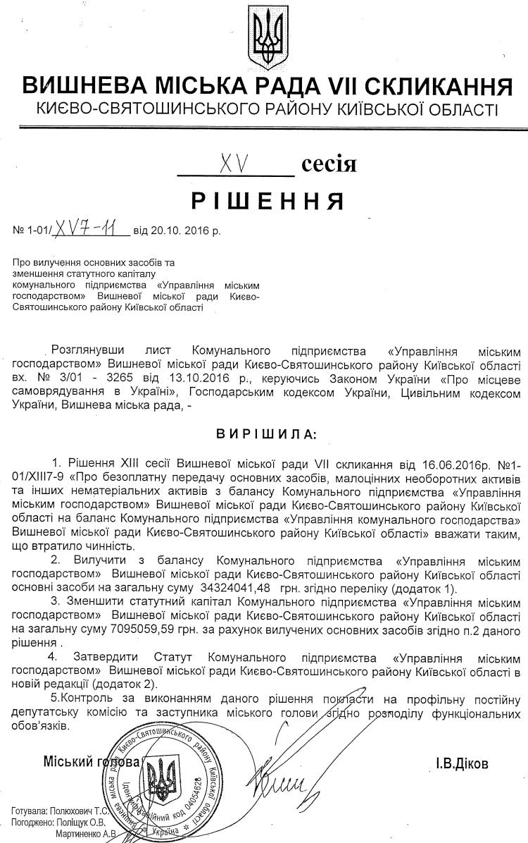 РІШЕННЯ ХV СЕСІЇ VIІ СКЛИКАННЯ від 20.10.2016 року