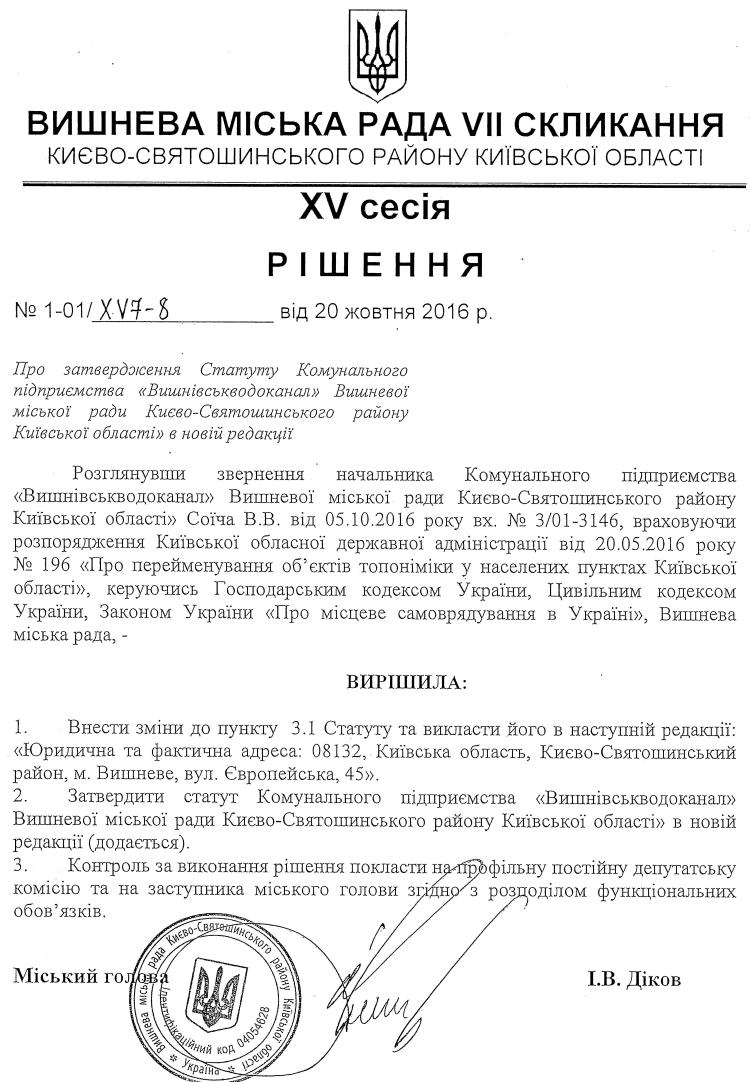 РІШЕННЯ ХV СЕСІЇ VIІ СКЛИКАННЯ від 20.10.2016 року