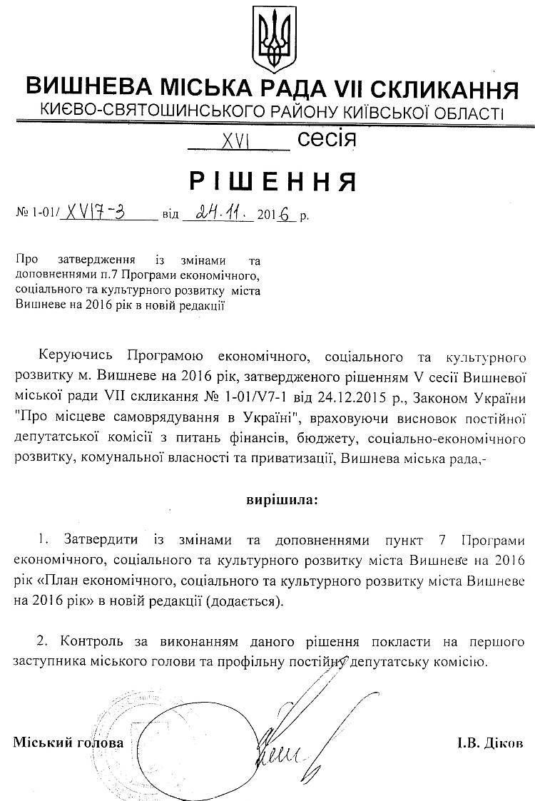  РІШЕННЯ ХVI СЕСІЇ VIІ СКЛИКАННЯ від 24.11.2016 року