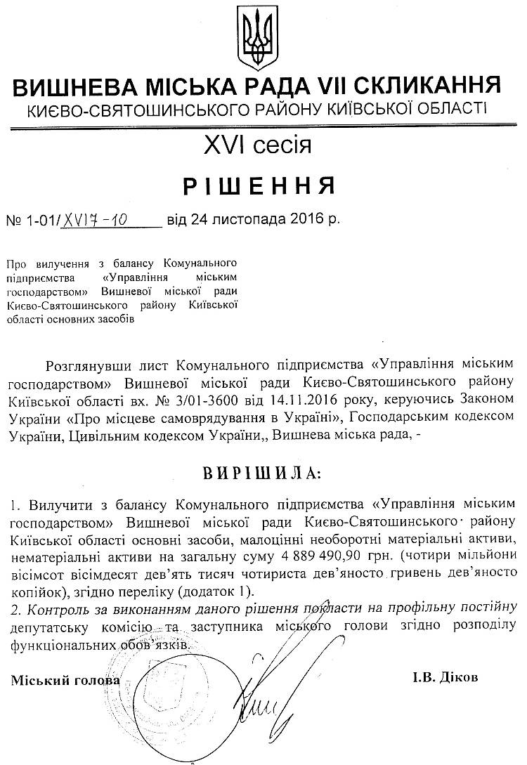  РІШЕННЯ ХVI СЕСІЇ VIІ СКЛИКАННЯ від 24.11.2016 року