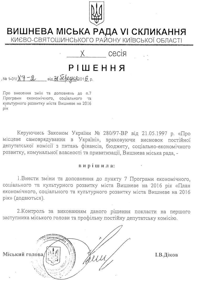 РІШЕННЯ Х СЕСІЇ VIІ СКЛИКАННЯ від 31.03.2016 року