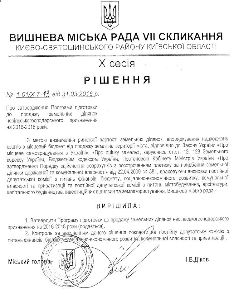 РІШЕННЯ Х СЕСІЇ VIІ СКЛИКАННЯ від 31.03.2016 року