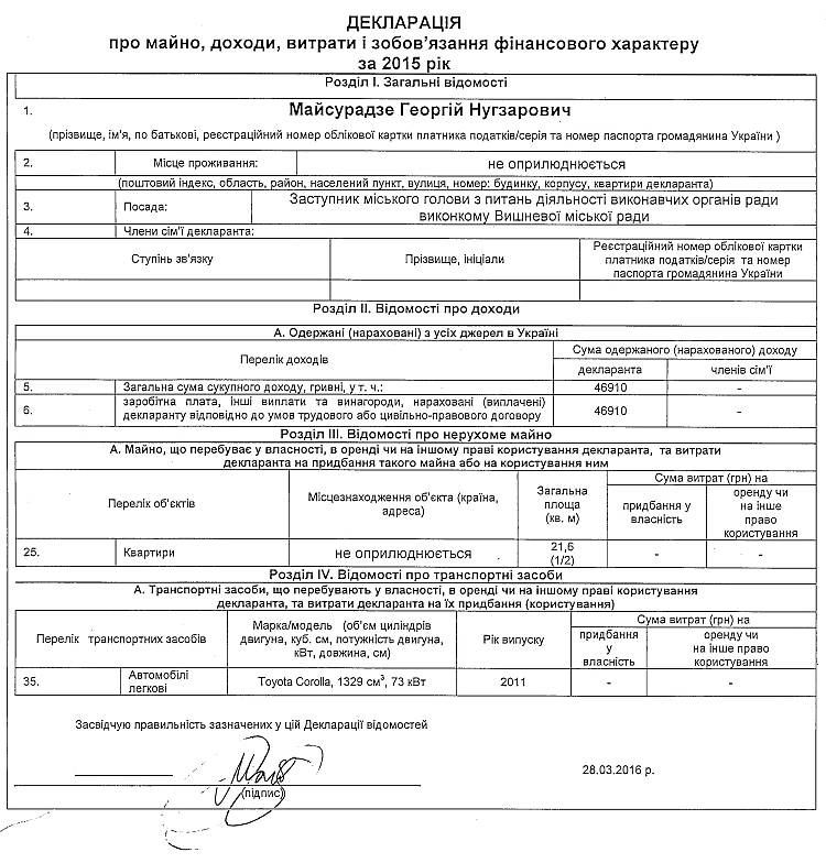 Декларації про майно, доходи, витрати і зобов'язання фінансового характеру за 2015 рік