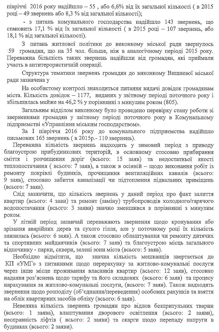 Довідка про стан роботи зі зверненнями громадян у виконкомі Вишневої міської ради за 6 місяців 2016 року