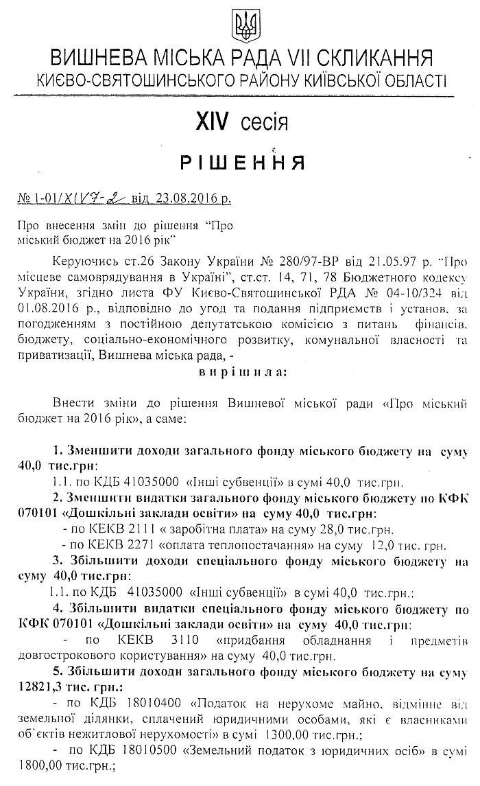 РІШЕННЯ ХIV СЕСІЇ VIІ СКЛИКАННЯ від 23.08.2016 року