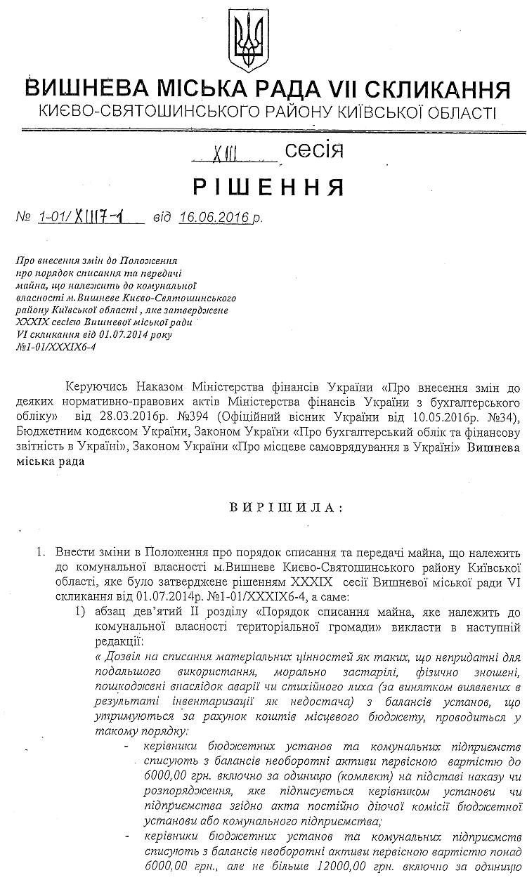 РІШЕННЯ ХIII СЕСІЇ VIІ СКЛИКАННЯ від 16.06.2016 року