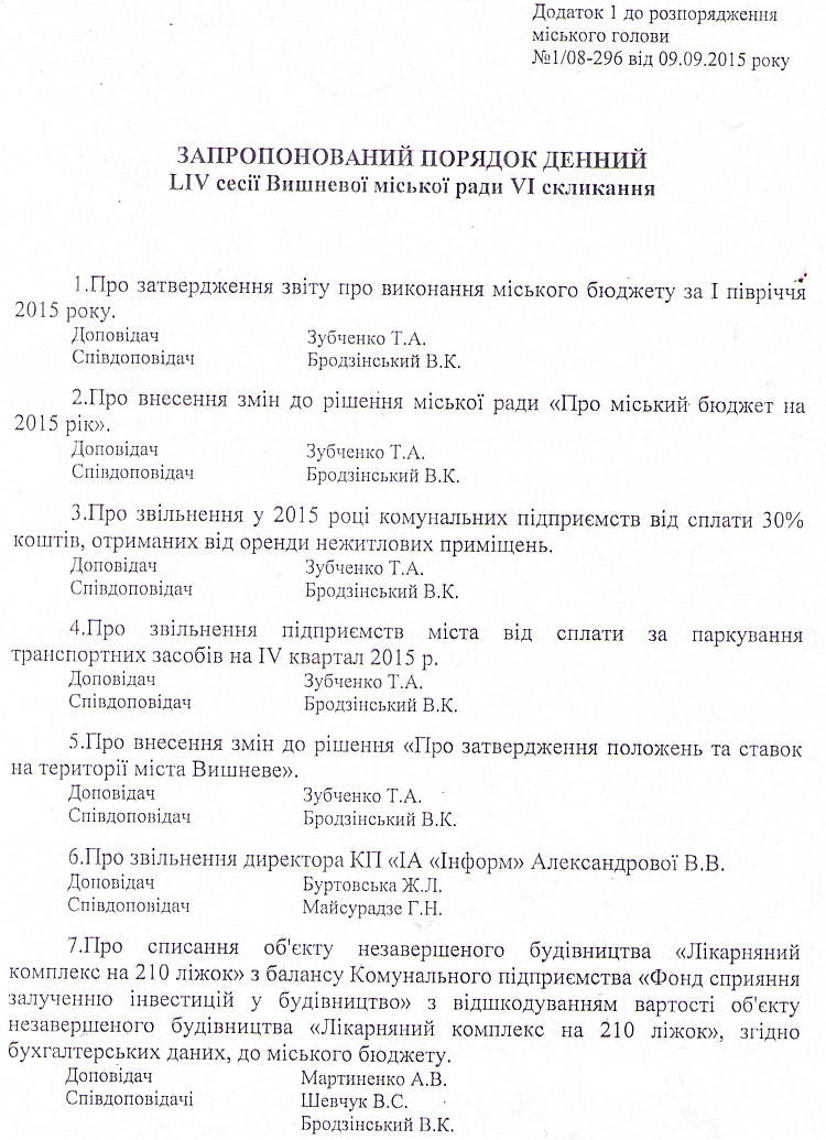 Розпорядження №1\08-296 від 09 вересня 2015 р. Про скликання чергової LІV сесії міської ради VI скликання 