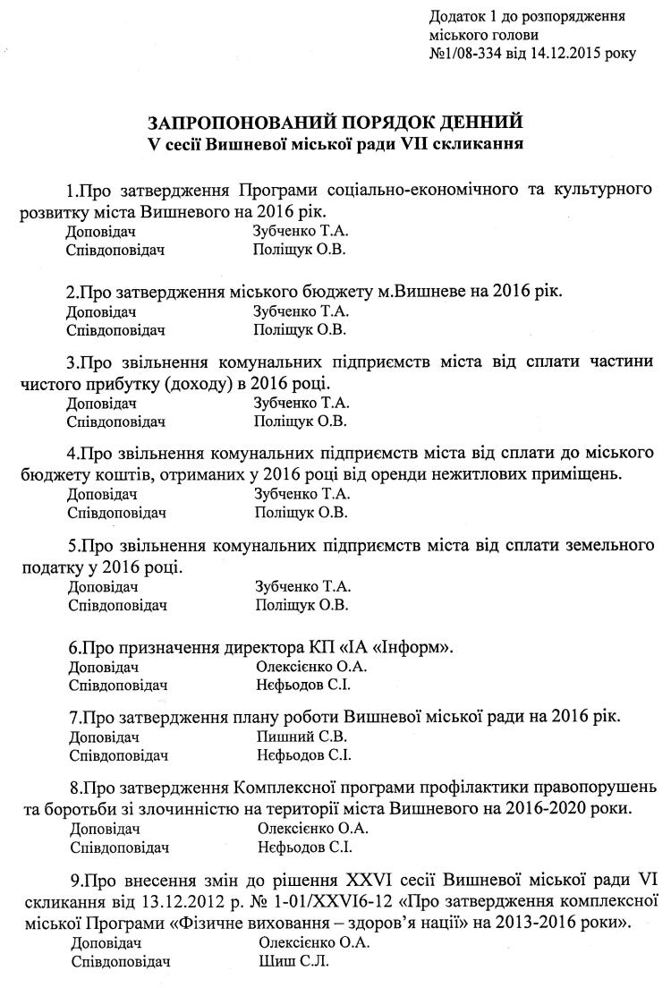 Розпорядження №1\08-334 від 14 грудня 2015 р. Про скликання чергової V сесії міської ради VIІ скликання