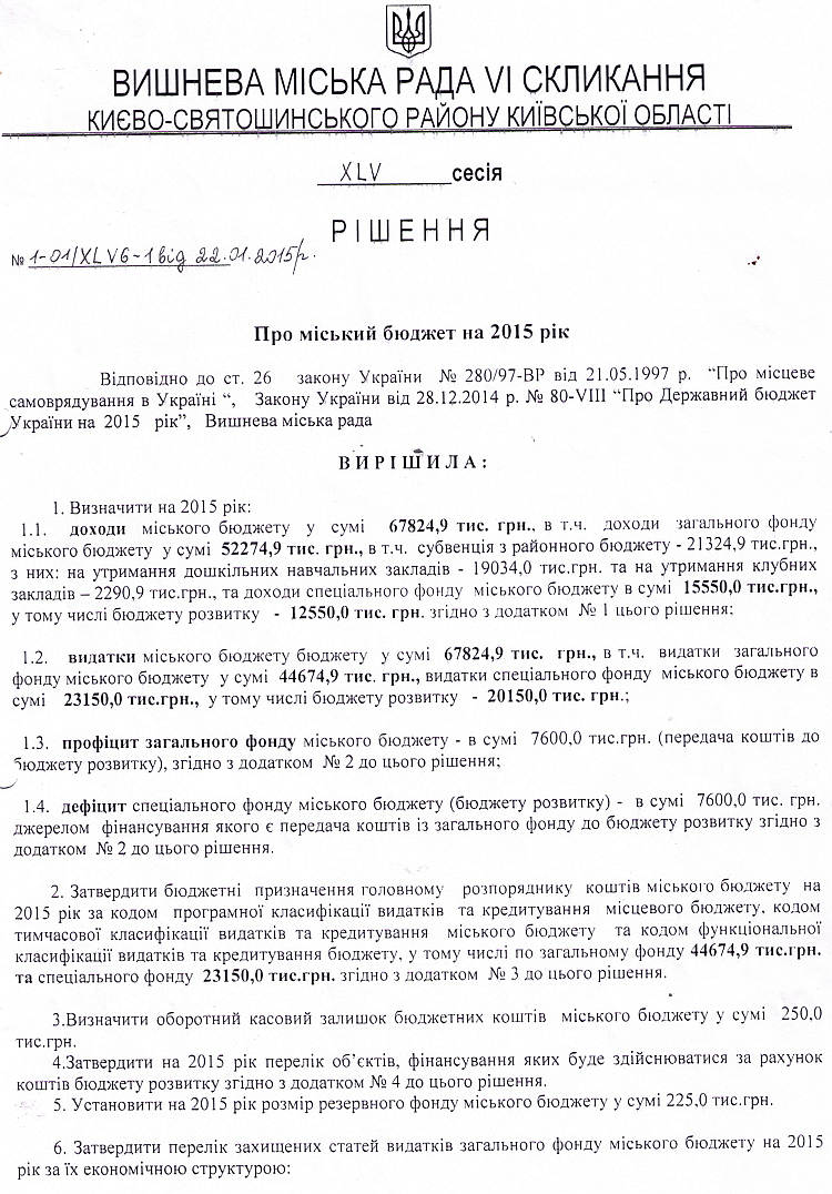  	Рішення №1-01/ XLV6 - 1 від 22.01.2015р.  XLV сесії  Про міський бюджет на 2015 рік