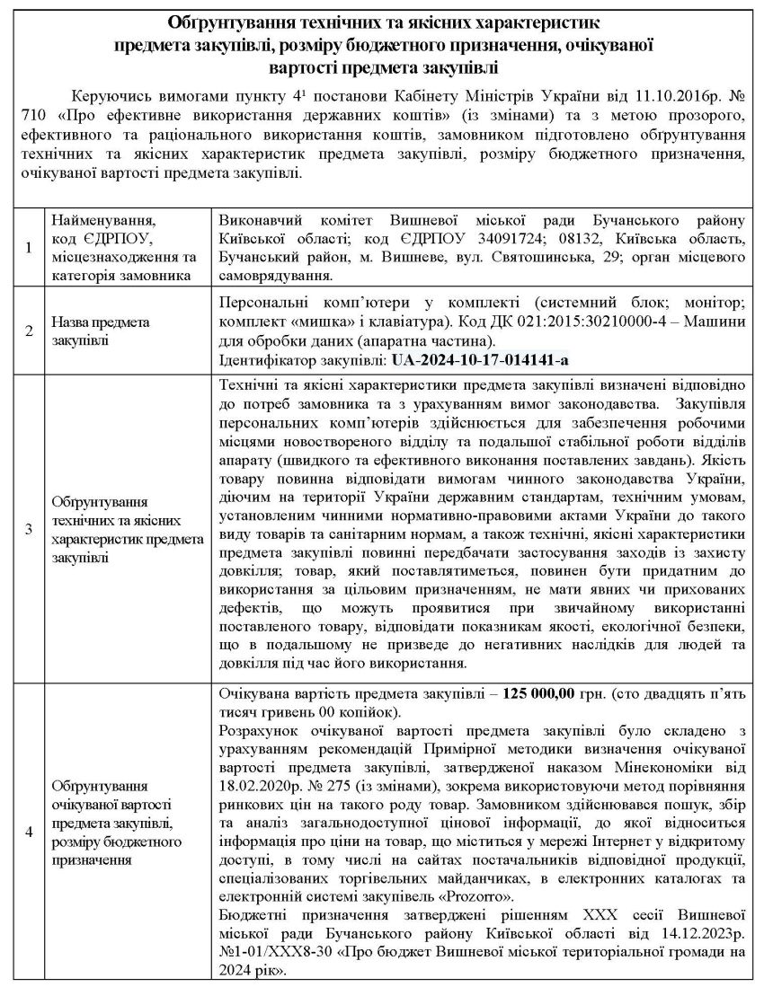 Обґрунтування технічних та якісних характеристик предмета закупівлі, розміру бюджетного призначення, очікуваної вартості предмета закупівлі