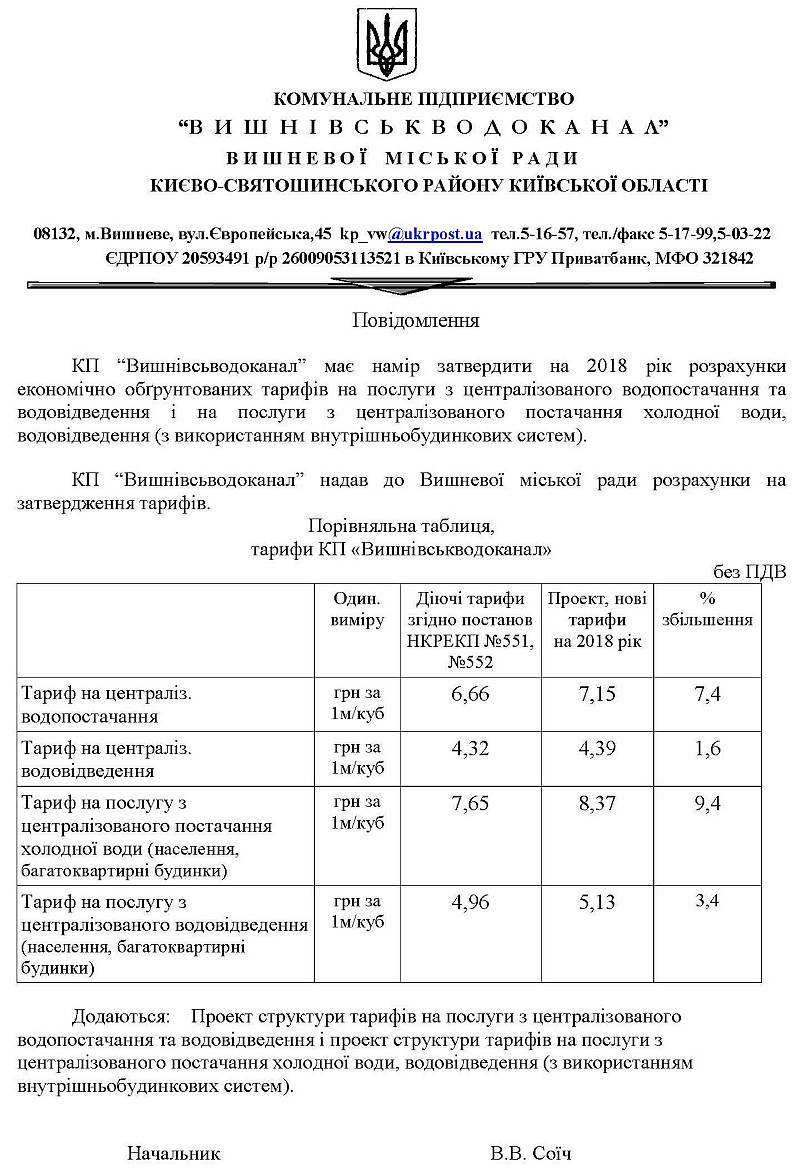 Комунальне підприємство «Вишнівськводоканал» повідомляє