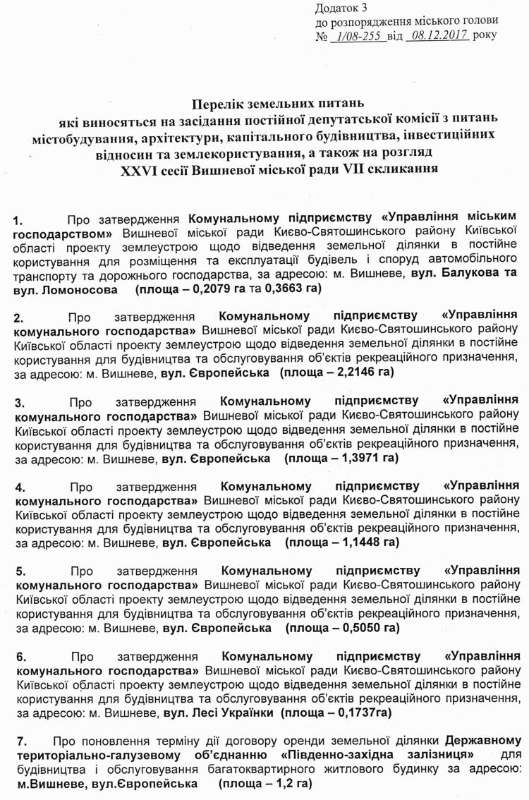 Розпорядження №1\08-255 від 11 грудня 2017 р. Про скликання чергової XХVI сесії Вишневої міської ради VIІ скликання