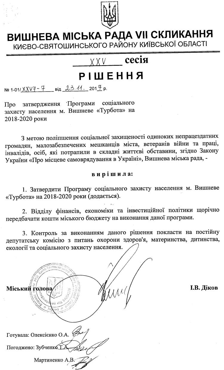 РІШЕННЯ ХХV СЕСІЇ VIІ СКЛИКАННЯ від 23.11.2017 року