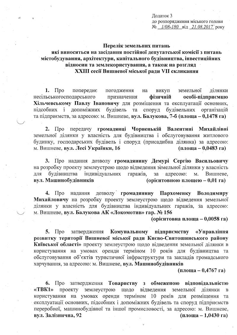 Розпорядження №1\08-180 від 21 серпня 2017 р. Про скликання чергової XХІІІ сесії Вишневої міської ради VIІ скликання