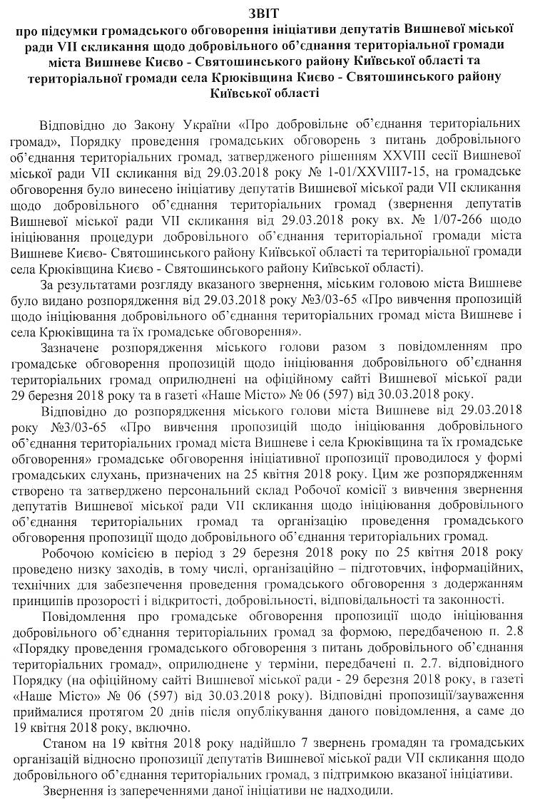 ЗВІТ про підсумки громадського обговорення ініціативи депутатів Вишневої міської ради VII скликання щодо добровільного об'єднання територіальної громади міста Вишневе Києво - Святошинського району Київської області та територіальної громади села Крюківщина Києво - Святошинського району Київської області