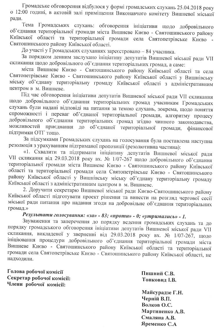 ЗВІТ про підсумки громадського обговорення ініціативи депутатів Вишневої міської ради VII скликання щодо добровільного об'єднання територіальної громади міста Вишневе Києво - Святошинського району Київської області та територіальної громади села Святопетрівське Києво - Святошинського району Київської області