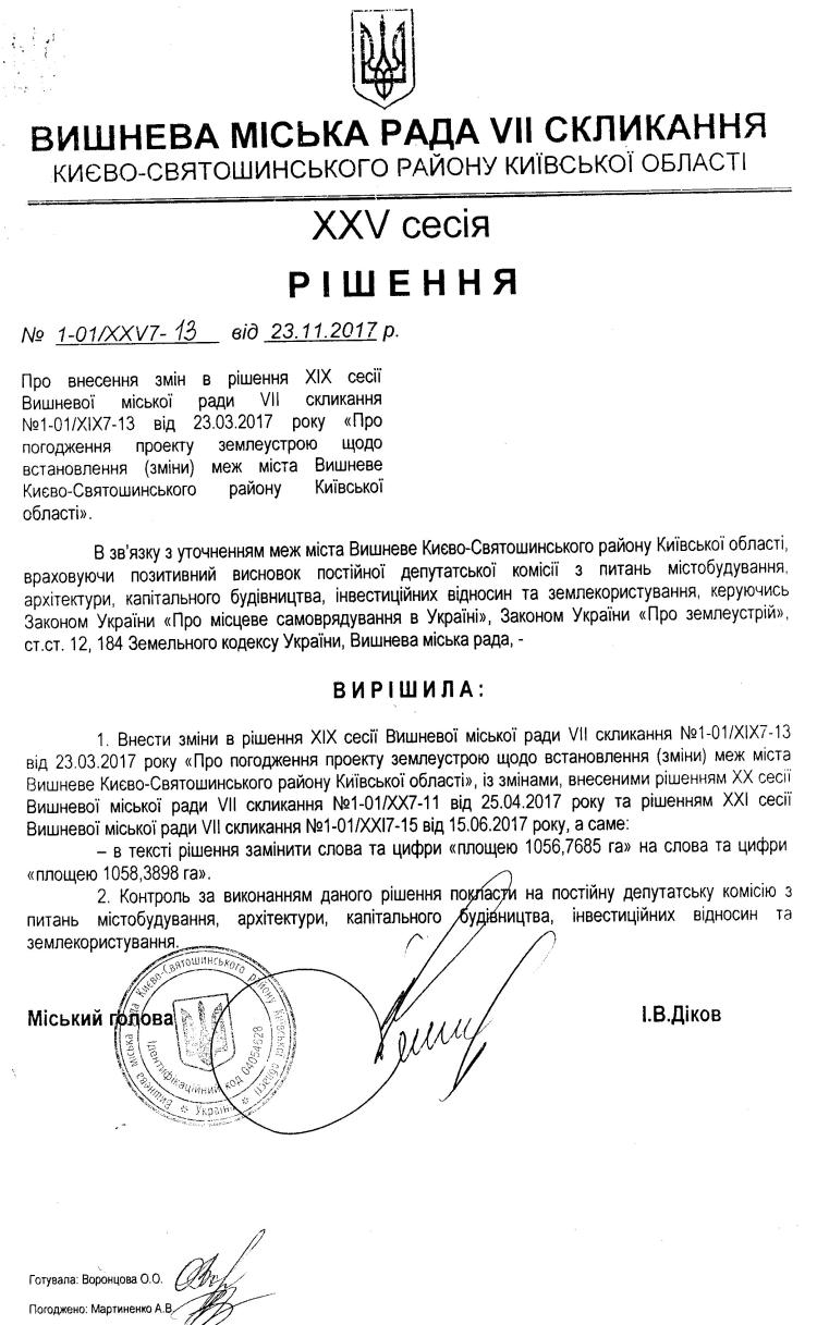 РІШЕННЯ ХХV СЕСІЇ VIІ СКЛИКАННЯ від 23.11.2017 року