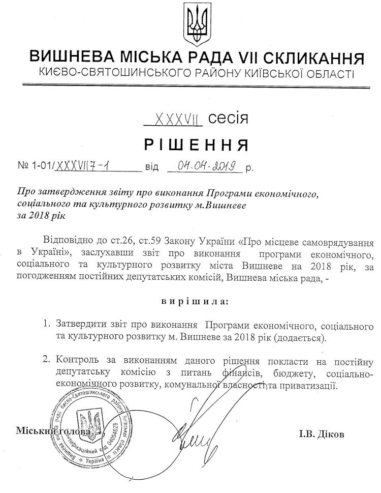 РІШЕННЯ ХХXVII СЕСІЇ VIІ СКЛИКАННЯ від 04.04.2019 року