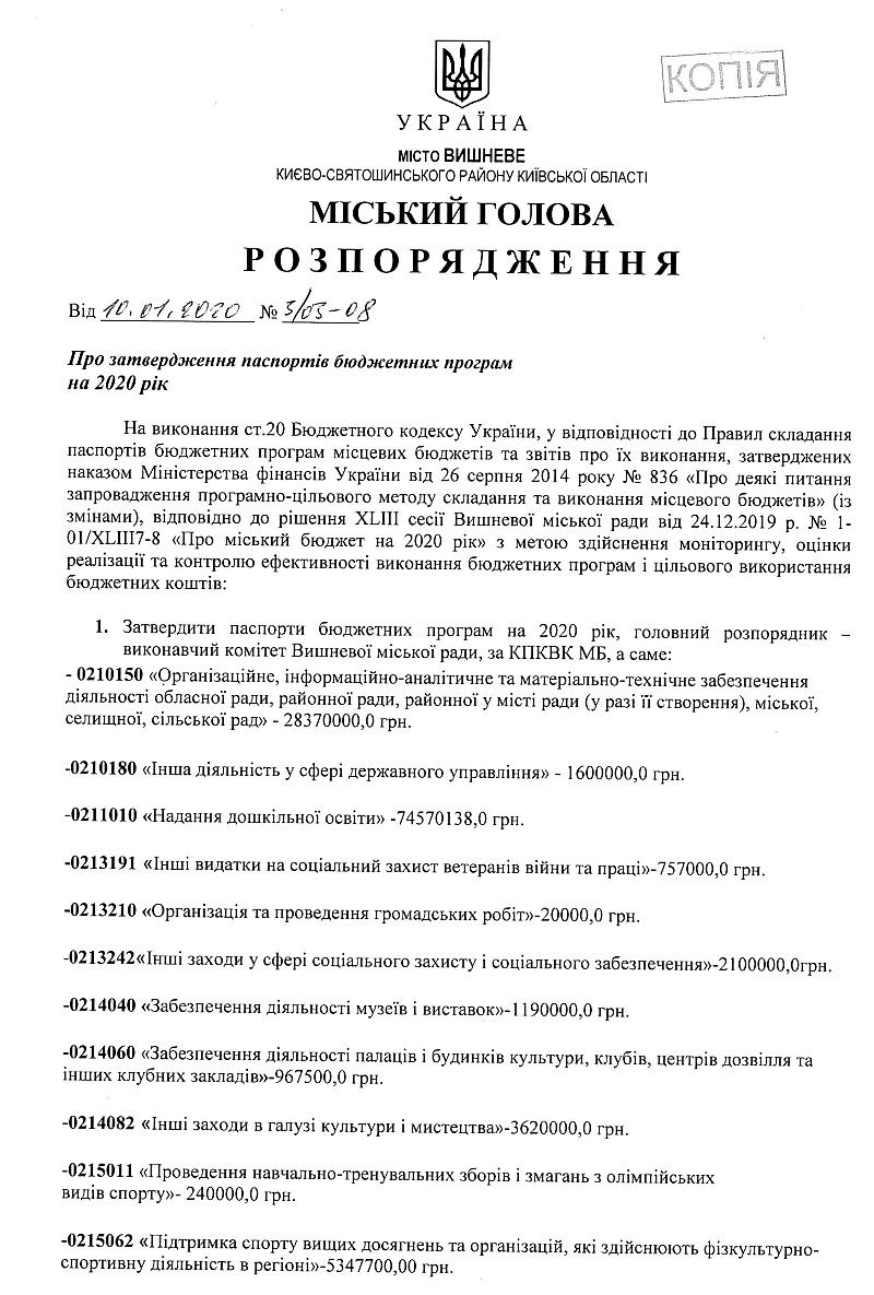 Про затвердження паспортів бюджетних програм на 2020 рік
