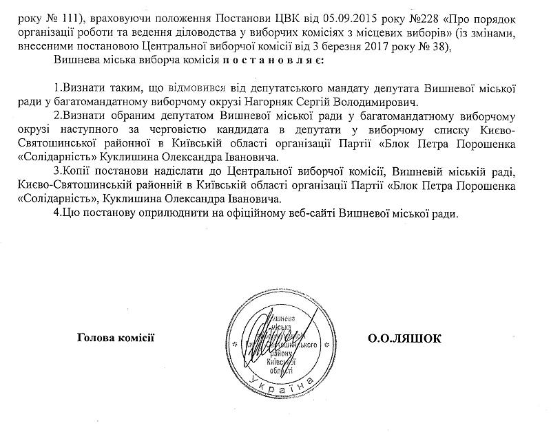 Про визнання обраним депутатом Вишневої міської ради наступного за черговістю у виборчому списку Києво-Святошинської районної в Київській області організації Партії «Блок Петра Порошенка «Солідарність» Куклишина Олександра Івановича