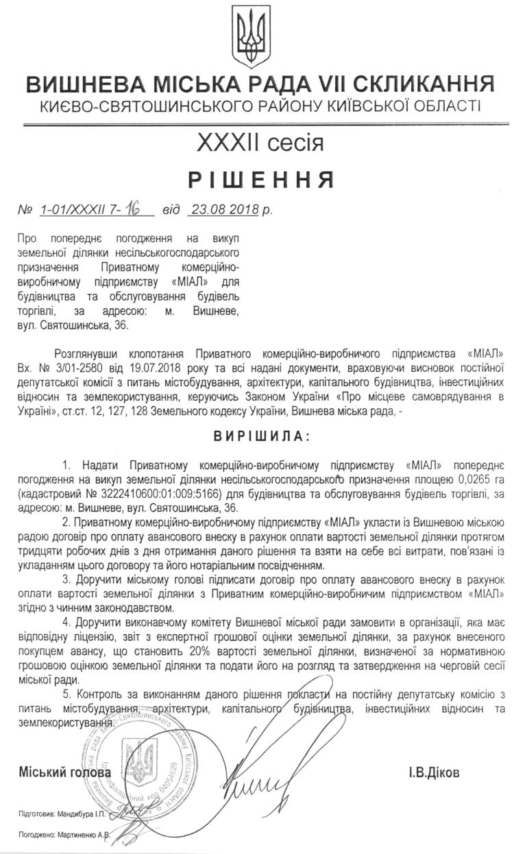 РІШЕННЯ ХХXIІ СЕСІЇ VIІ СКЛИКАННЯ від 23.08.2018 року