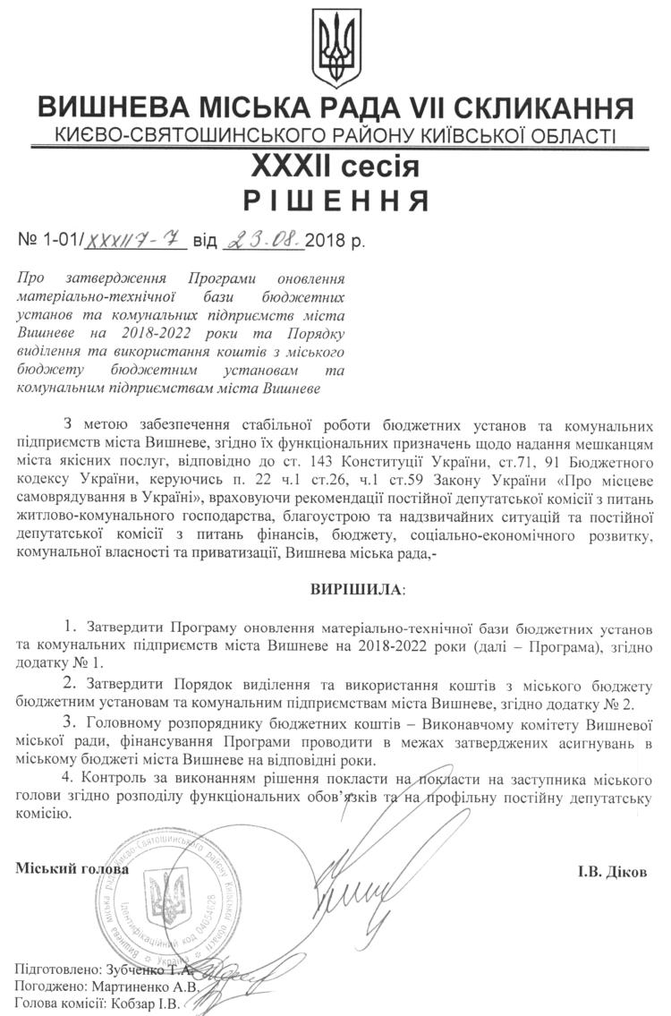 РІШЕННЯ ХХXIІ СЕСІЇ VIІ СКЛИКАННЯ від 23.08.2018 року