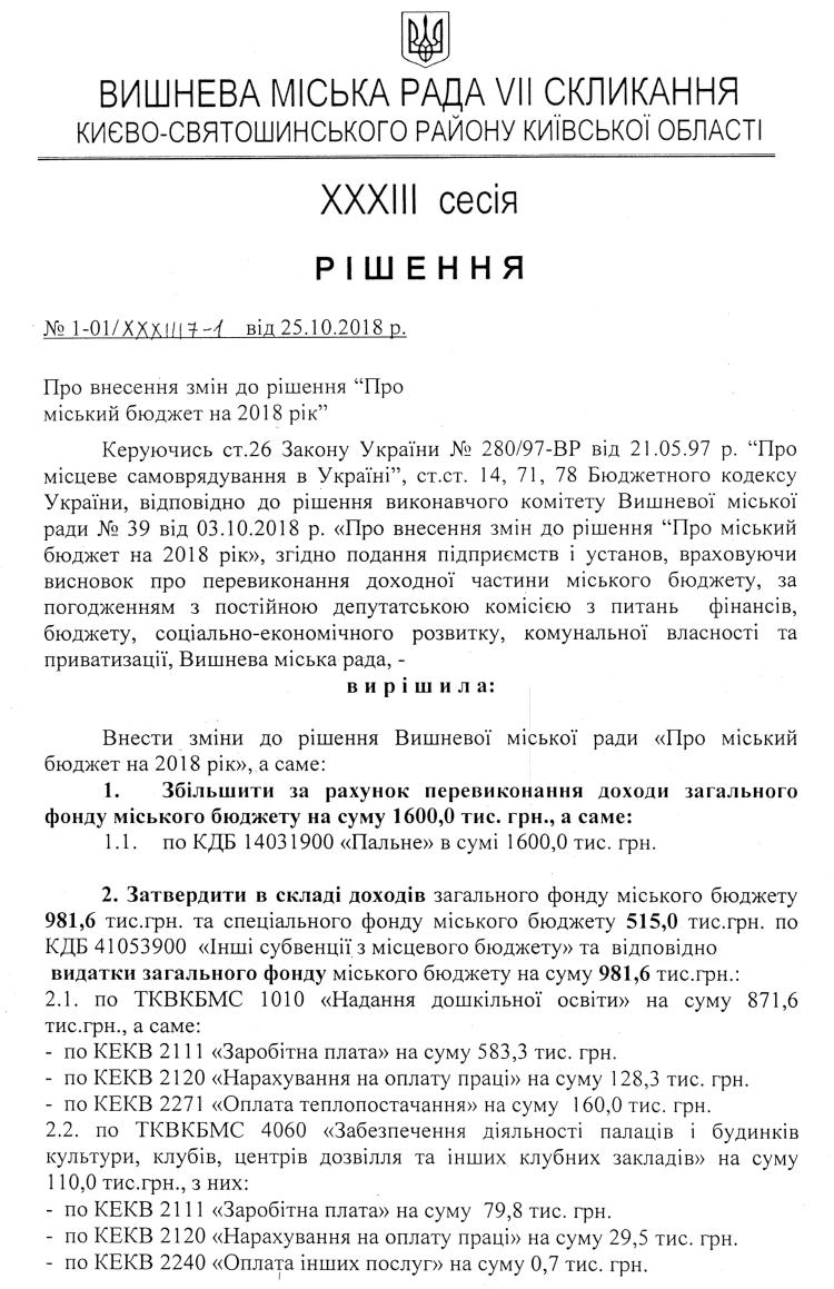 РІШЕННЯ ХХXIІI СЕСІЇ VIІ СКЛИКАННЯ від 25.10.2018 року