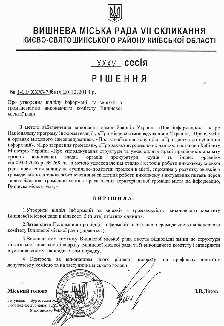 РІШЕННЯ ХХXV СЕСІЇ VIІ СКЛИКАННЯ від 20.12.2018 року