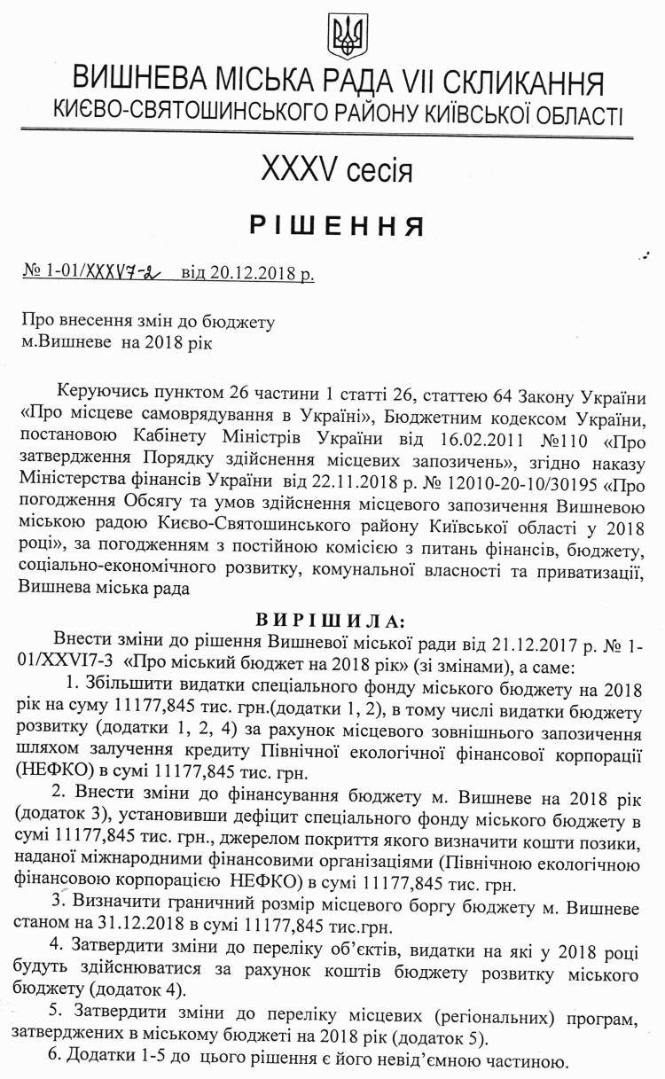 РІШЕННЯ ХХXV СЕСІЇ VIІ СКЛИКАННЯ від 20.12.2018 року