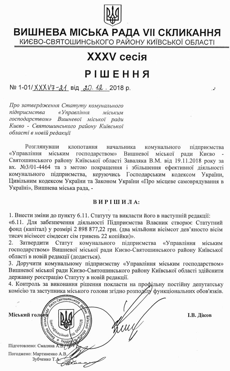 РІШЕННЯ ХХXV СЕСІЇ VIІ СКЛИКАННЯ від 20.12.2018 року