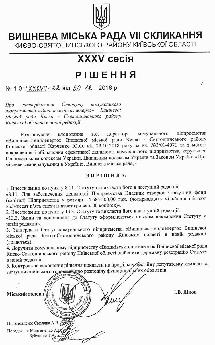 РІШЕННЯ ХХXV СЕСІЇ VIІ СКЛИКАННЯ від 20.12.2018 року