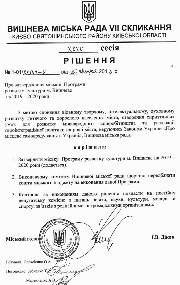 РІШЕННЯ ХХXV СЕСІЇ VIІ СКЛИКАННЯ від 20.12.2018 року