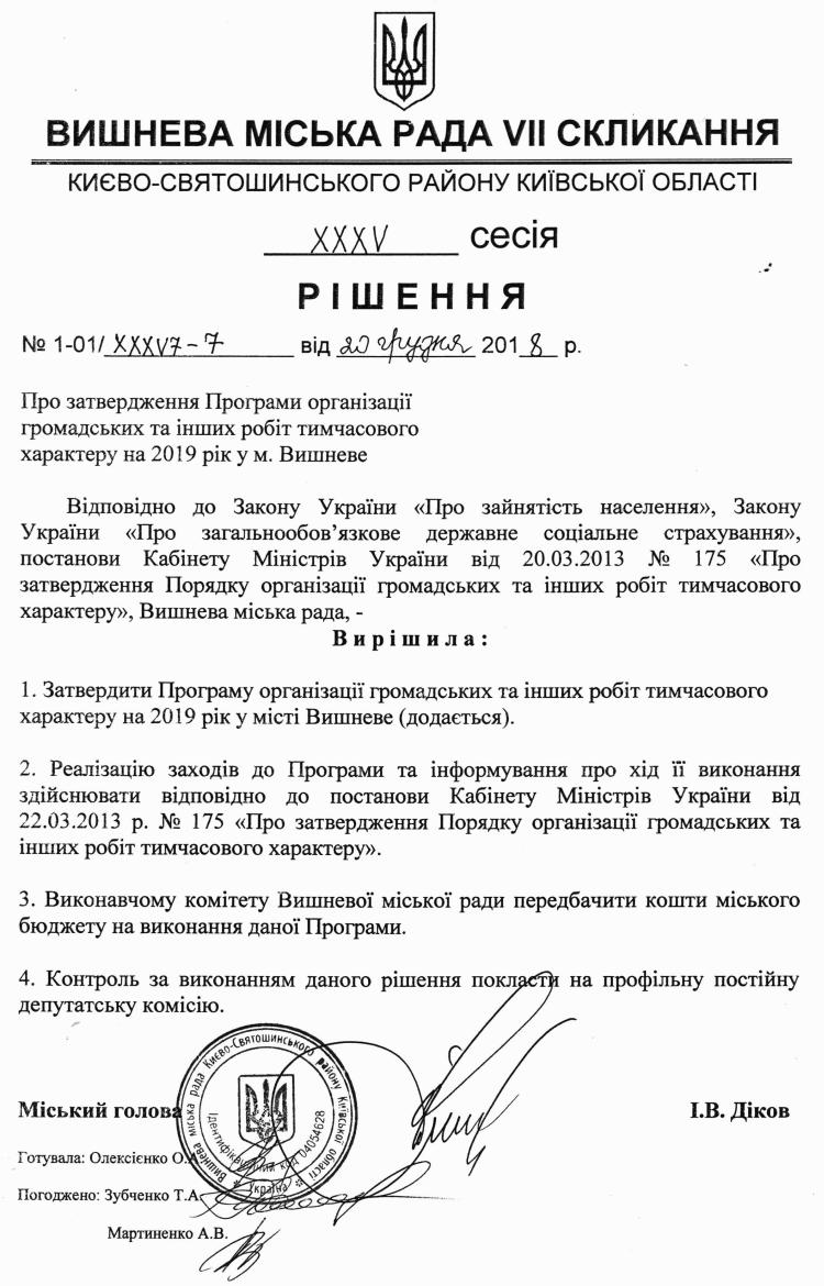 РІШЕННЯ ХХXV СЕСІЇ VIІ СКЛИКАННЯ від 20.12.2018 року