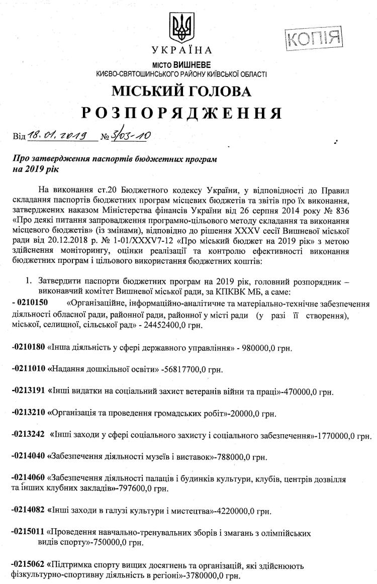 Про затвердження паспортів бюджетних програм на 2019 рік