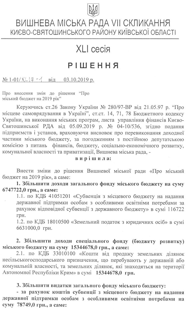 РІШЕННЯ ХLI СЕСІЇ VIІ СКЛИКАННЯ від 03.10.2019 року