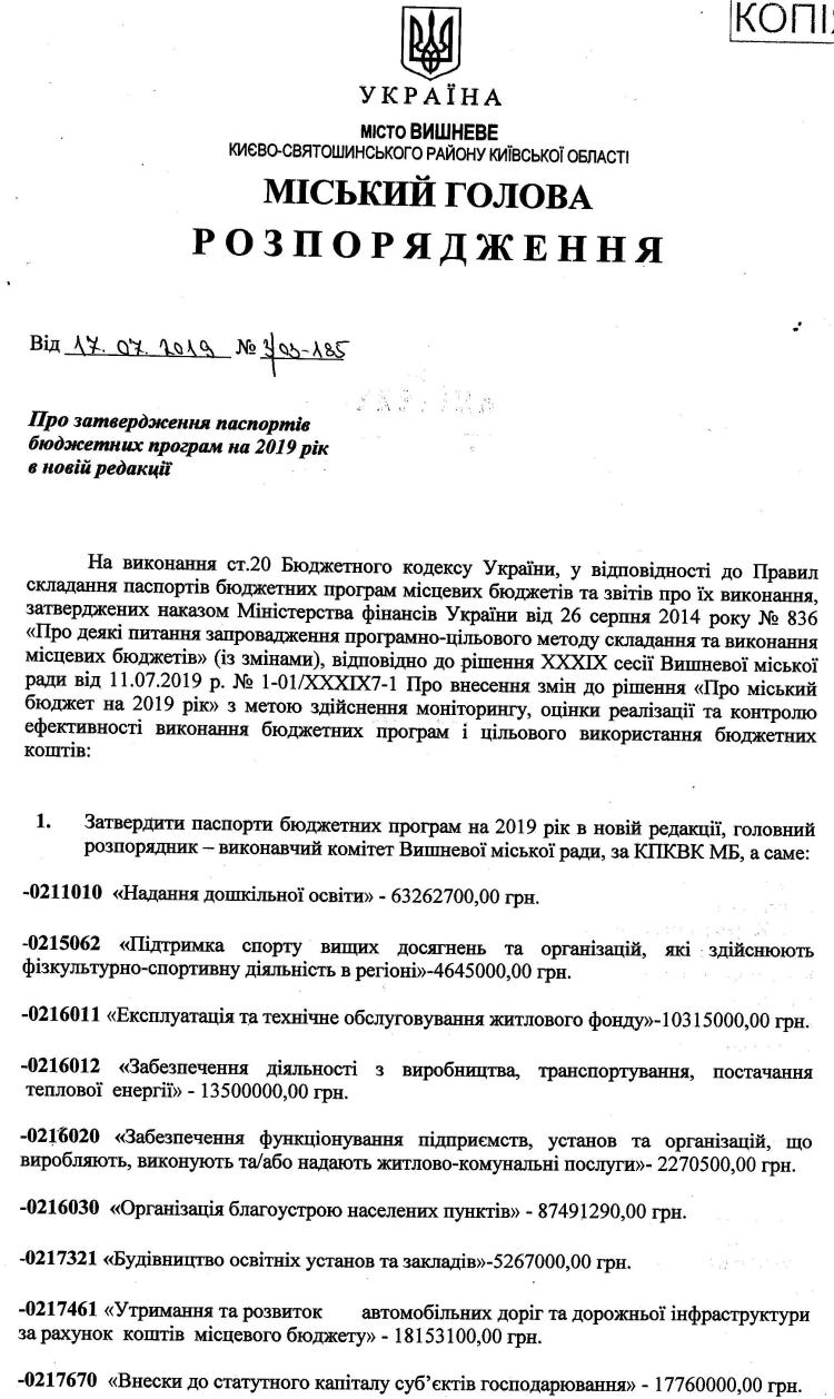 Про затвердження паспортів бюджетних програм на 2019 рік в новій редакції