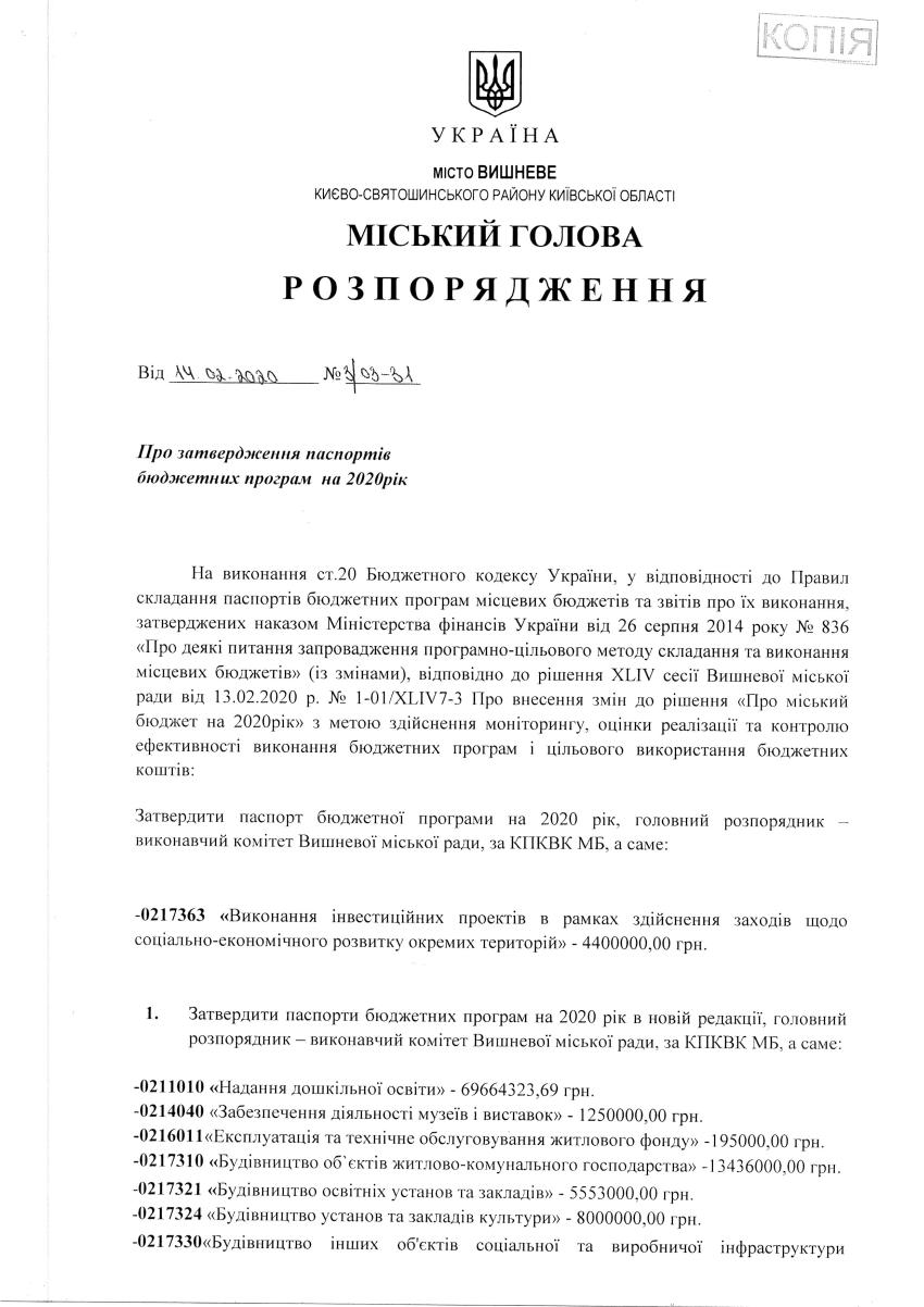 		Про затвердження паспортів бюджетних програм на 2020 рік