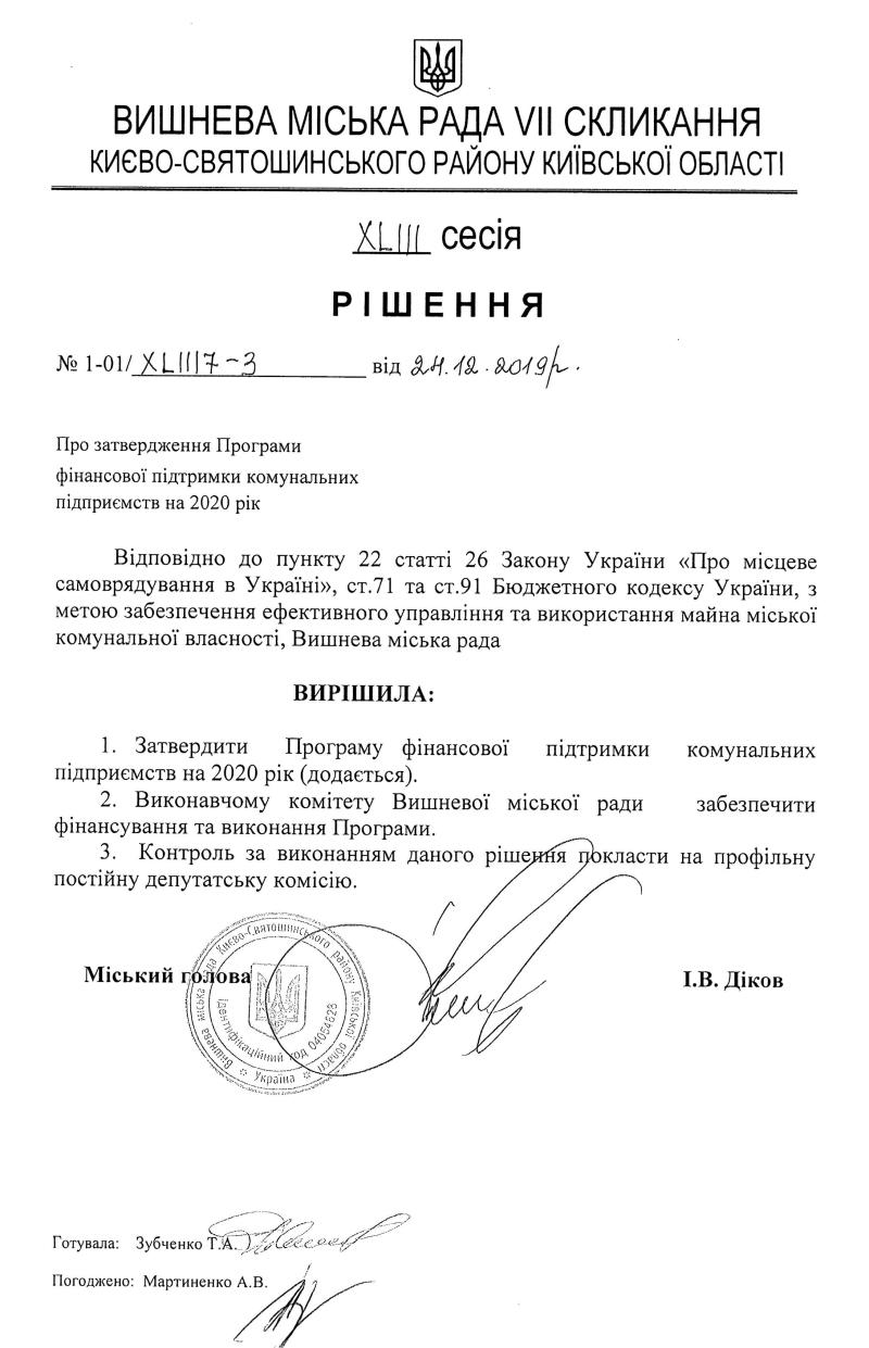 РІШЕННЯ ХLIII СЕСІЇ VIІ СКЛИКАННЯ від 24.12.2019 року