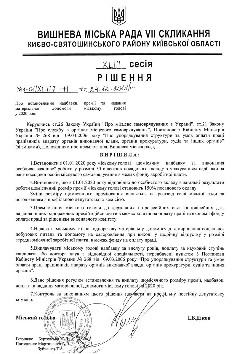 РІШЕННЯ ХLIII СЕСІЇ VIІ СКЛИКАННЯ від 24.12.2019 року