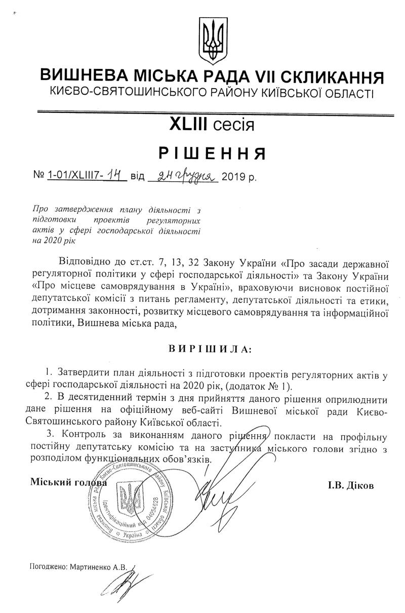 РІШЕННЯ ХLIII СЕСІЇ VIІ СКЛИКАННЯ від 24.12.2019 року